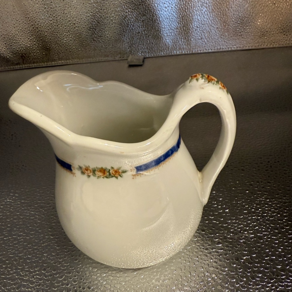 Vintage lFloral Ceramic Pitcher with Blue Accent